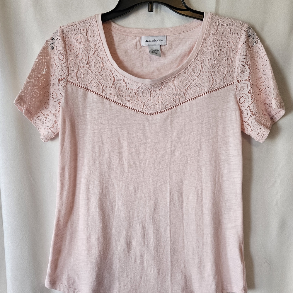 Liz Claiborne Pink Lace-Yoke Short Sleeve Top